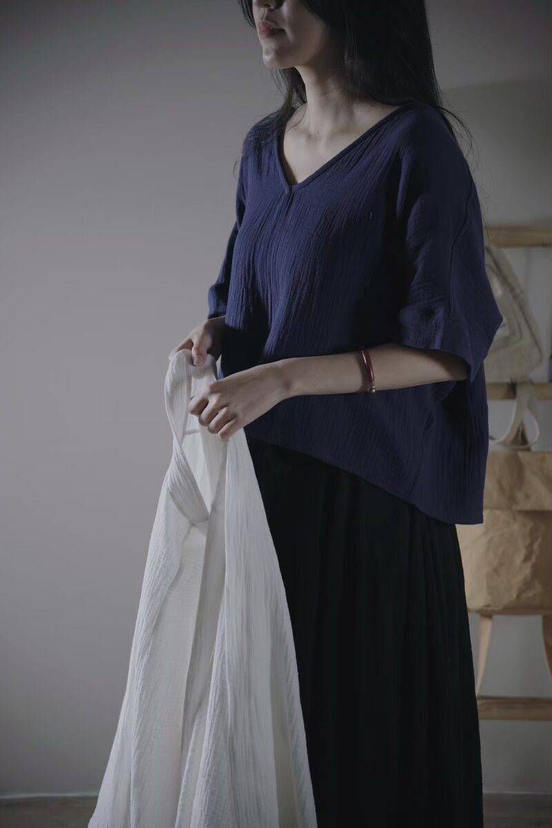 雙層棉紗 V領舒身上衣 三色 | Short Sleeve