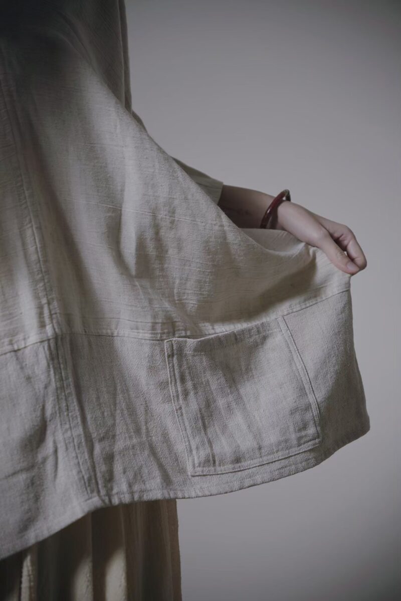 有機棉手織布 雙口袋斗篷 | 雙米色平織 | Poncho