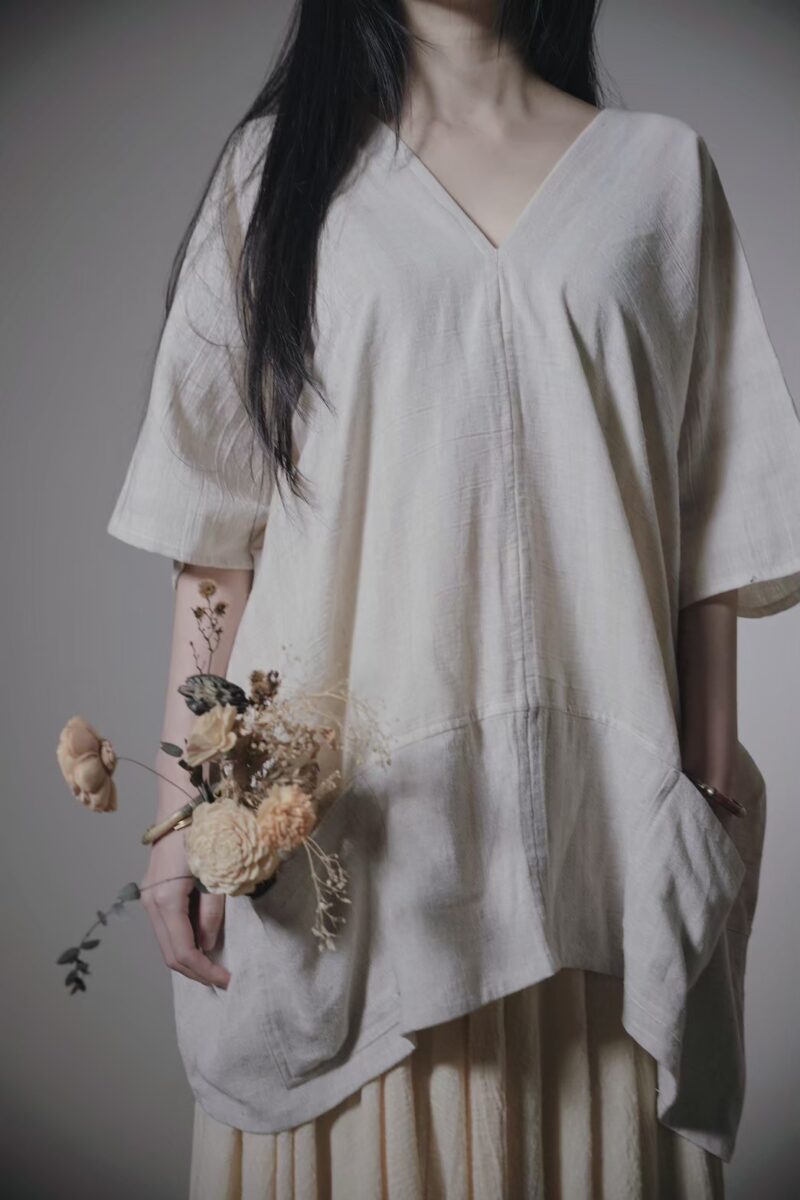 有機棉手織布 雙口袋斗篷 | 雙米色平織 | Poncho