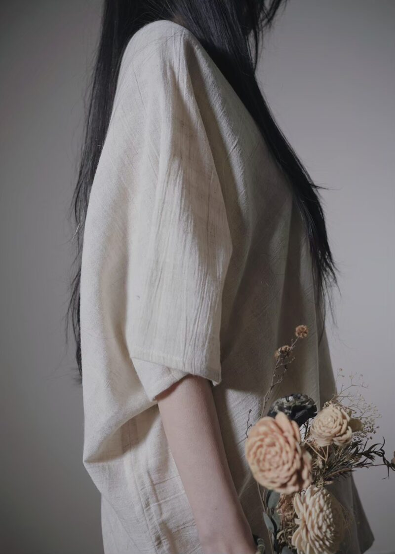 有機棉手織布 雙口袋斗篷 | 雙米色平織 | Poncho