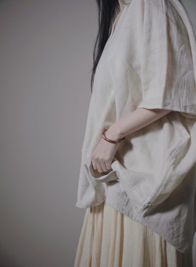 有機棉手織布 雙口袋斗篷 | 雙米色平織 | Poncho