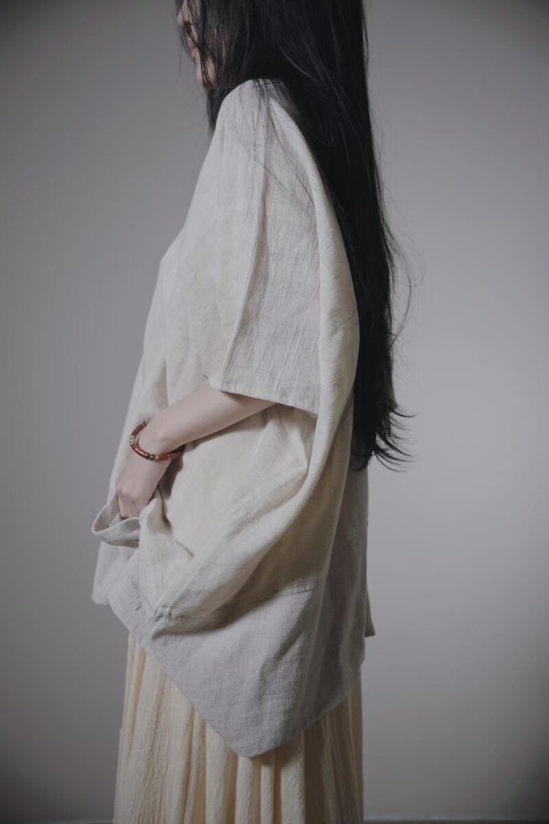 有機棉手織布 雙口袋斗篷 | 雙米色平織 | Poncho