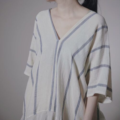 有機棉手織布 雙口袋斗篷 | 藍紋 | 草木染線條緯浮織 | Poncho