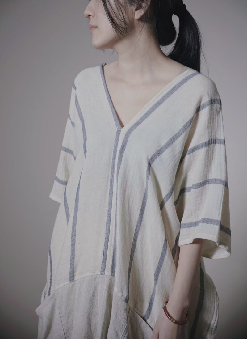 有機棉手織布 雙口袋斗篷 | 藍紋 | 草木染線條緯浮織 | Poncho