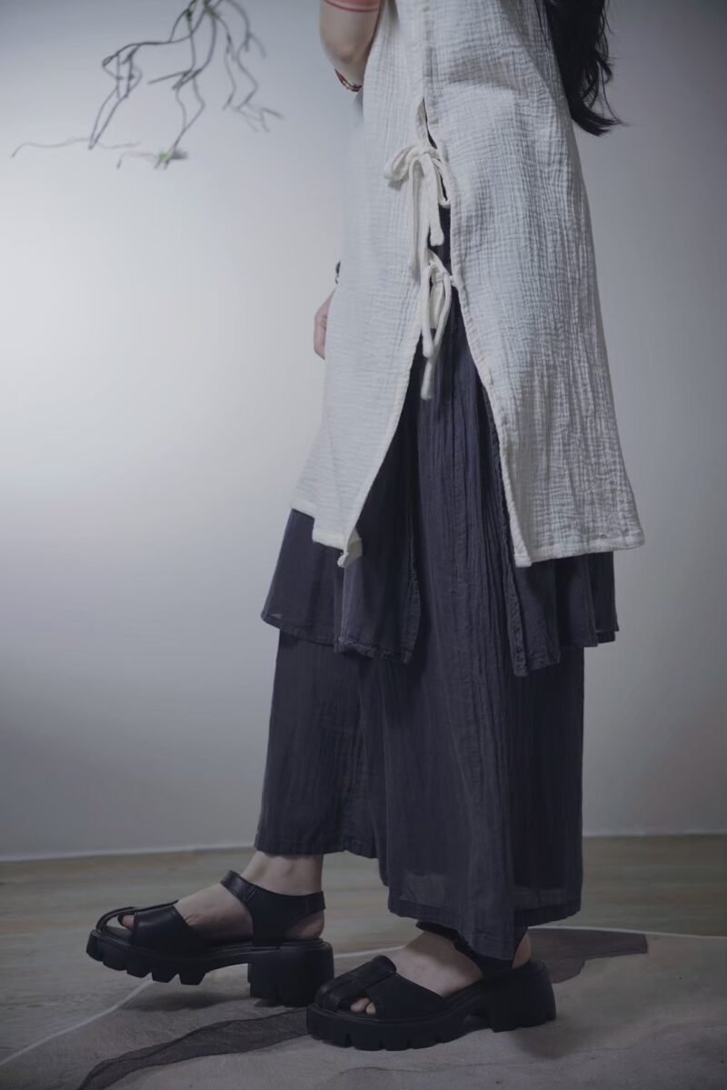 有機棉 開衩雙結長版無袖 | 黑 白 | Side-Tie Tunic