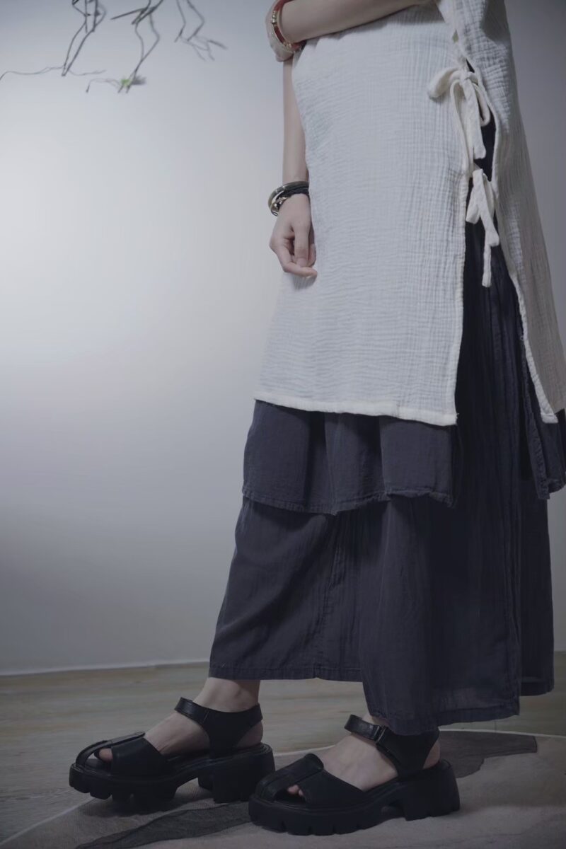 有機棉 開衩雙結長版無袖 | 黑 白 | Side-Tie Tunic