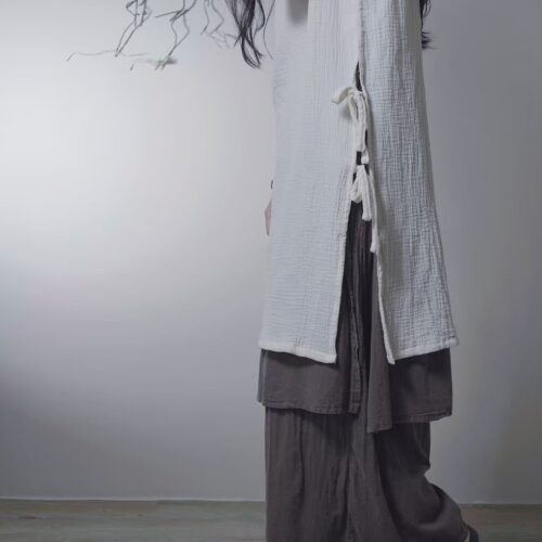 有機棉 開衩雙結長版無袖 | 黑 白 | Side-Tie Tunic